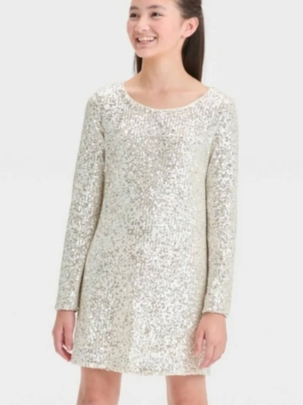 Art Class Girls Sz Medium 8 Sequin Dress Long Sleeve A-Line Silver Beige Keyhole